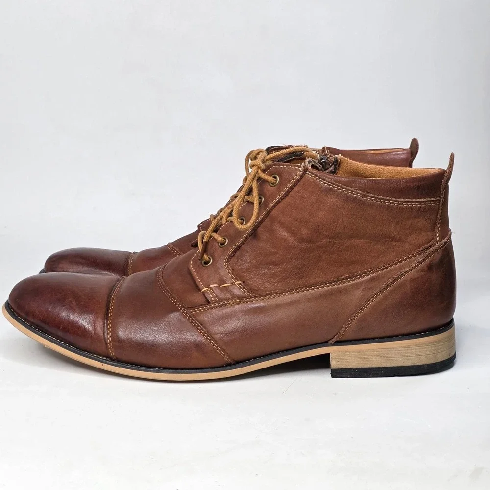 Kunsto Boots Men's Size 12 Tan Leather Cap Toe Side Zip Arch Support Shoes